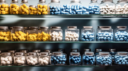 Obraz premium Colorful assortments of pills displayed in a drugstore providing a vibrant showcase of pharmaceutical diversity