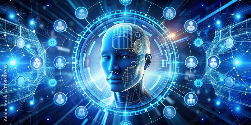 Poster dynamic blue digital robot head logo with rotating ai icons on abstract background for machine learn