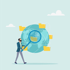 Vector illustration in flat style. Business deal. Search the folders for files. Global business.