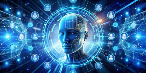 Obraz premium Dynamic Blue Digital Robot Head Logo with Rotating AI Icons on Abstract Background for Machine Learning and Chatbot Technology Vertical Video Concept