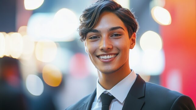 Confident Young Transgender Man in Stylish Suit Smiling under Red Carpet Lights