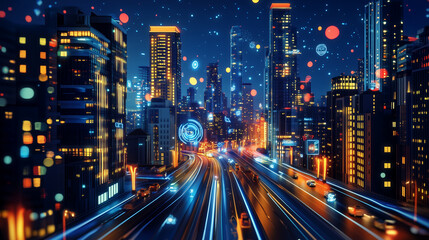 Fototapeta premium Smart City Night Illustration depicting the dynamic interplay of application development and IoT in a captivating 3D scene