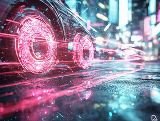 Futuristic car in motion neon city streets digital art urban environment dynamic perspective ai generated imagery