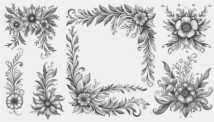 Corner border floral, flower frame set. Hand drawn rustic sketch doodle corner border for floral frame design element, flourish fancy pattern. Vector illustration-.