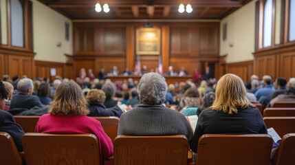 A courtroom filled with citizens attentively listening to a legal discussion in a formal wooden setting, emphasizing justice, law, and governance.