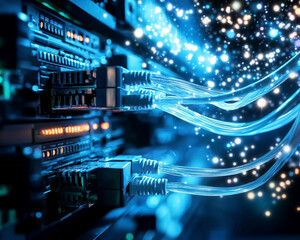 Ai generate technology action data transmission server room digital content high-tech environment close-up viewpoint connectivity concept