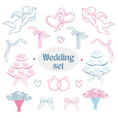 Vector set of whimsical wedding line art illustrations. Coquette party hand drawn stickers. Vintage ink elements for logos, invitations, cards, greetings.