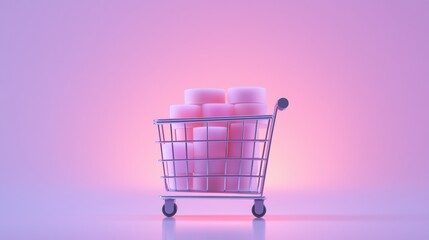 shopping cart filled with pink marshmallows. The cart is made of metal wire and has four wheels. The background is a gradient of pink and purple, creating a soft and dreamy atmosphere.