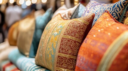A well-organized market stall with shimmering metallic fabrics and intricate embroidery.