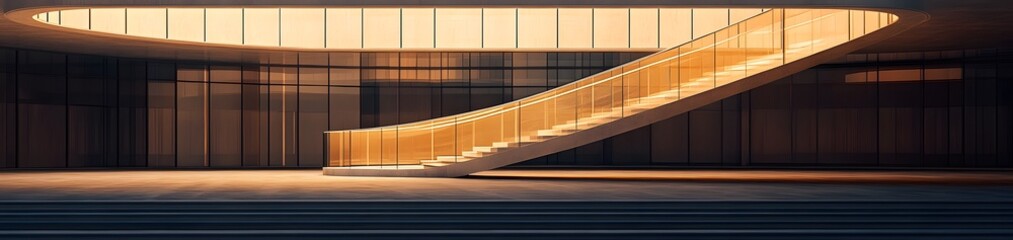 A modern architectural space featuring a sweeping staircase and large glass windows.