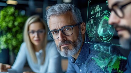 Mature Bearded Businessman Closely Examining Financial Charts and Graphs on Computer Screen in Collaborative Corporate Office Environment