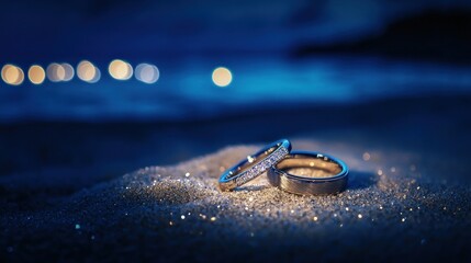 Two wedding rings on a sandy beach at night, illuminated softly.