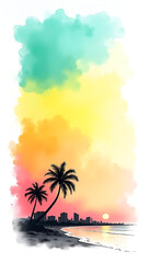 Tropical sunset with palm trees and city skyline silhouette against a colorful cloud background