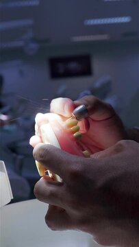 Close-up of dental implant and prosthetic teeth demonstration