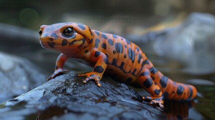 Obraz premium A vibrant orange and black salamander perched on a textured surface, its eyes large and glossy, observing its surroundings in a serene, natural setting with hints of green and blue.