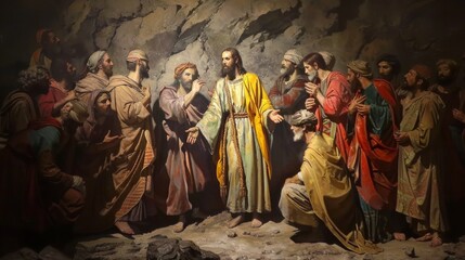 A painting of Jesus surrounded by figures, including Lazarus, Maria, and Martha, dressed in various colors, conveying a solemn and respectful atmosphere.