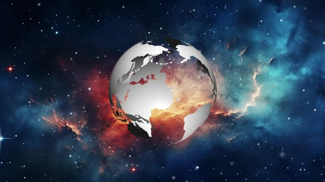 The vedio depicts a digital representation of Earth,  glowing with vibrant blue lines against a backdrop of geometric shapes. This futuristic globe symbolizes the interconnectedness and technological