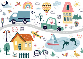 Obraz premium a modern seamless pattern,with hand drawn cars, signs, road, a tree. A cartoon element isolated on a white background. for print, children, paper, print. vector illustration in the style of trend art