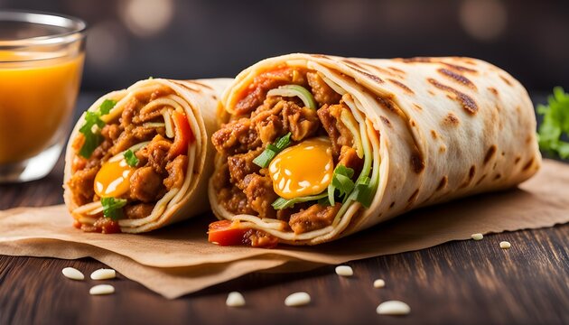 Egg Kathi paratha roll kathi shawarma wrap with dipping sauce isolated on background side view of indian fastfood
