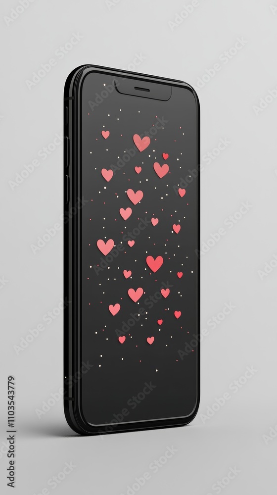 Poster black smartphone displaying floating red heart icons on screen, representing social media engagement