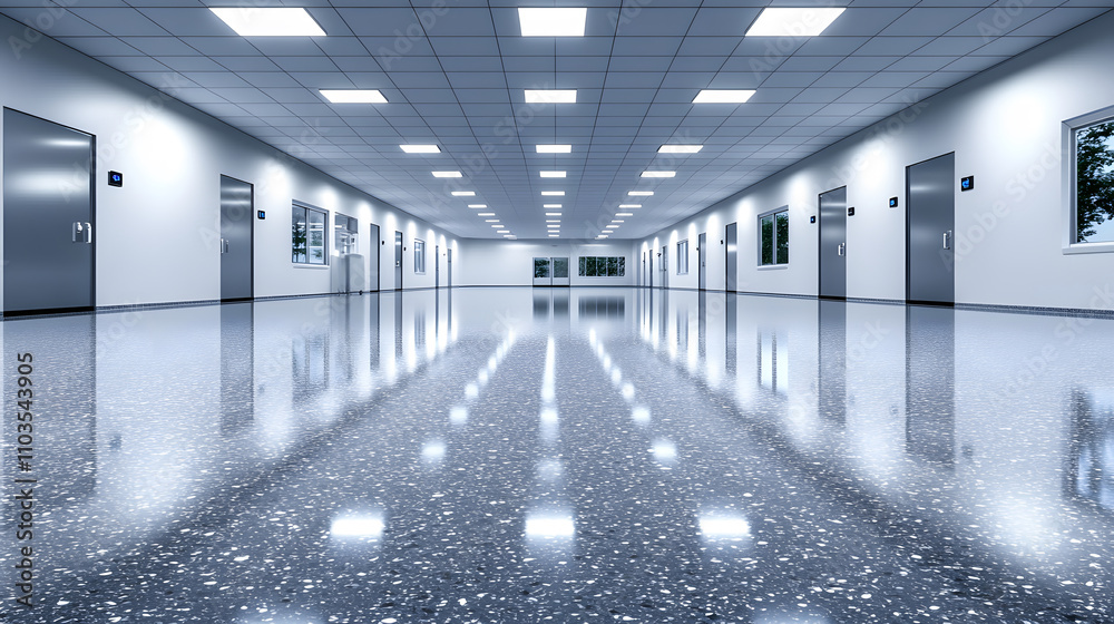 Leinwandbilder a modern, illuminated corridor with shiny floors and multiple doors, creating a clean and spacious a