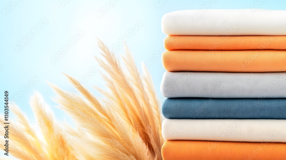 Leinwandbilder a colorful stack of folded towels beside soft pampas grass against a light background, creating a fr