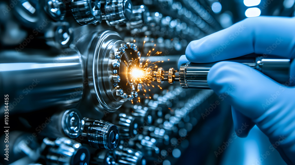 Poster A close-up of a gloved hand manipulating a precision tool, producing sparks while interacting with a metallic assembly, showcasing advanced engineering techniques