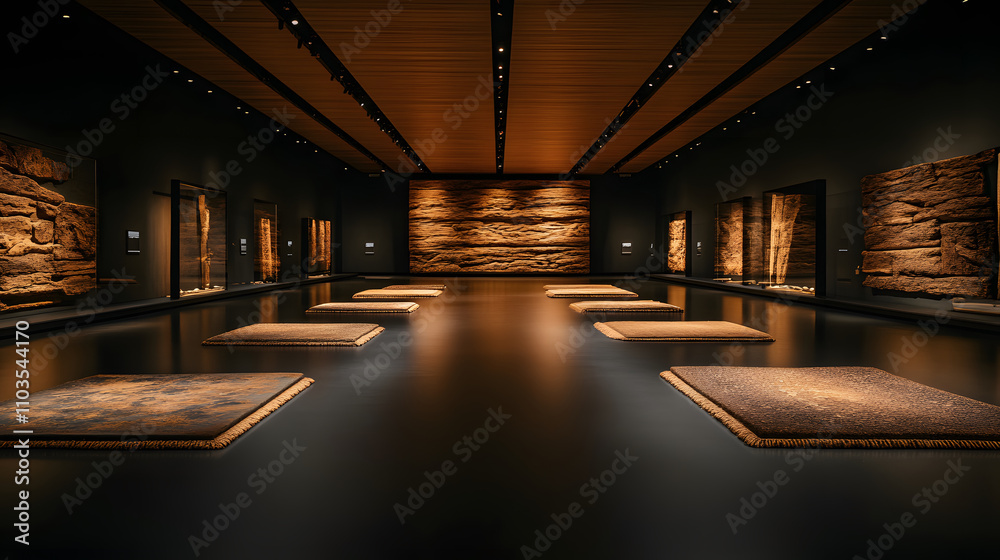 Poster a modern art gallery showcasing textured wall pieces under ambient lighting, creating an inviting an