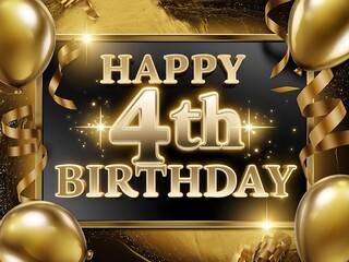 Playful golden Happy 4th Birthday design with modern decorative elements