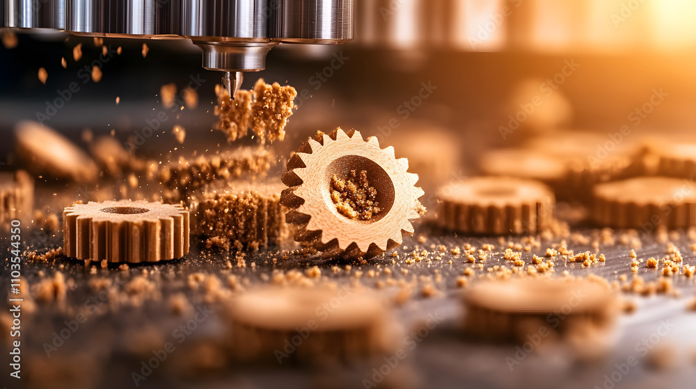 Poster a close-up view of gears being machined, showcasing metal shavings and precision engineering in a wo
