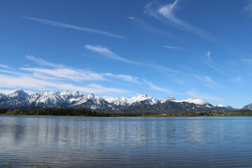 Hopfensee (Lake Hopfen) and Bavarian Alps mountain range - Close to the town Hopfen am See