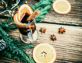 mulled wine Christmas drink  on wooden table