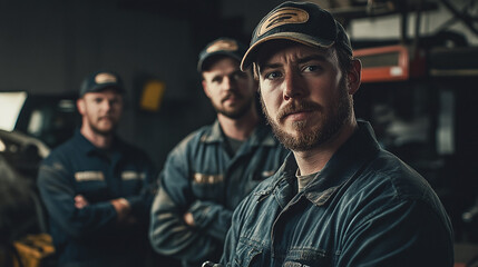 Portrait of a focused team of mechanics in a workshop wearing uniforms and caps, showcasing teamwork and expertise in an industrial environment.