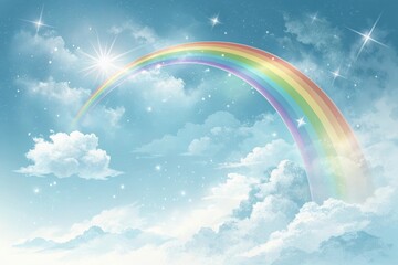 A Serene Celestial Scene Featuring a Rainbow Arcing Through Fluffy Clouds and a Sparkling Sky