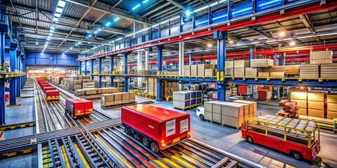 Efficient Cargo Handling: High Loader Loading Parcels in a Busy Warehouse Environment with Advanced Equipment and Organized Workflow for Enhanced Logistics Operations