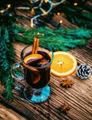 mulled wine Christmas drink  on wooden table