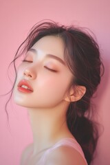 Naklejka premium Portrait of a serene woman embracing natural beauty with flawless skin