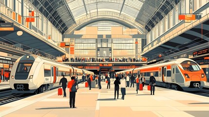 A train station with a red train and a white train