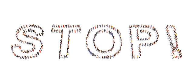 Concept or conceptual large community of people forming the word STOP. 3d illustration metaphor for physical and verbal  abuse, addiction, depression, counseling, assistance, suport and education