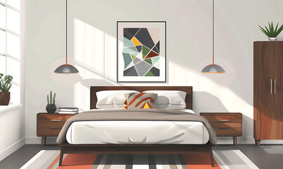 Elegant 3D bedroom vector with a contemporary bed, nightstands, and a trendy dresser