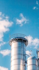 Close-up view of blue grain silos featuring metal and glass structure under a clear blue sky, emphasizing industrial design with ample space
