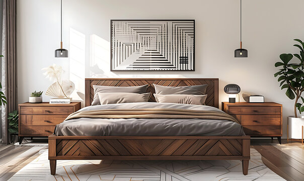 Modern bedroom design in 3D, featuring stylish furniture and minimalist decor
