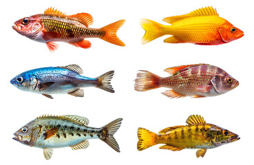 Fototapeta premium Colorful Collection of Realistic Fish Species in Detailed Textures for Marine Designs, Transparent PNG