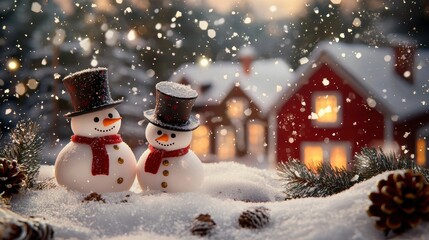 Obraz premium Charming Snowman Pair in Winter Wonderland with Snowfall