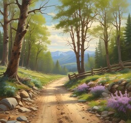 Fototapeta premium Illustration of gravel road in spring season.