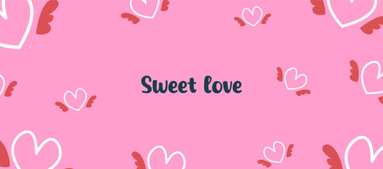 Trendy Happy Valentine's Day with cute pink heart, romantic words in pink color background for sale, advertising, brochures, postcard, greeting card, flyer, banners, social media. Vector illustration.