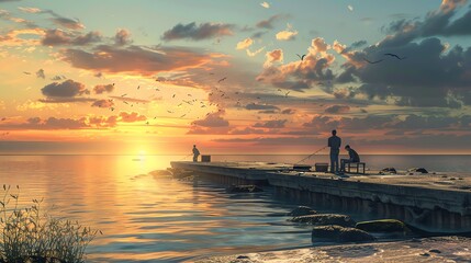 Fototapeta premium Three people silhouette against a sunset on a pier overlooking the sea.