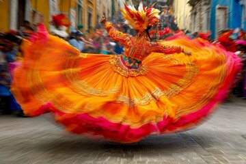 Naklejka premium Dancer in a vibrant orange and pink traditional dress twirling on a busy street