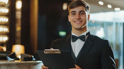 Professional Male Waiter Smiling with Clipboard in Restaurant Lobby