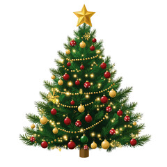 Fototapeta premium Festive Christmas Tree Illustration with Stars and Baubles, Adorned in Red, Gold, and Green Decorations on a White Background, Perfect for Holiday-Themed Designs and Seasonal Projects.
